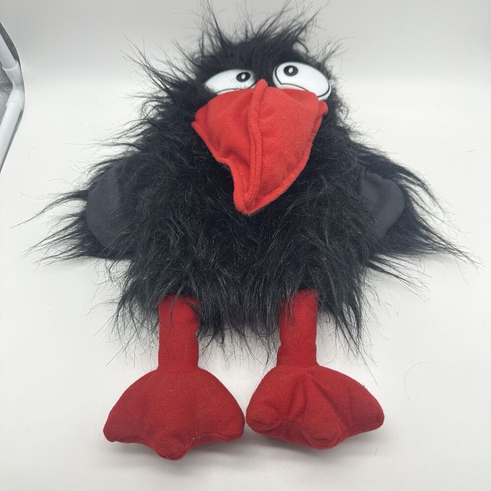 Vintage Black Bird Crow Raven Plush Stuffed Animal Red Beak Feet Large Furry